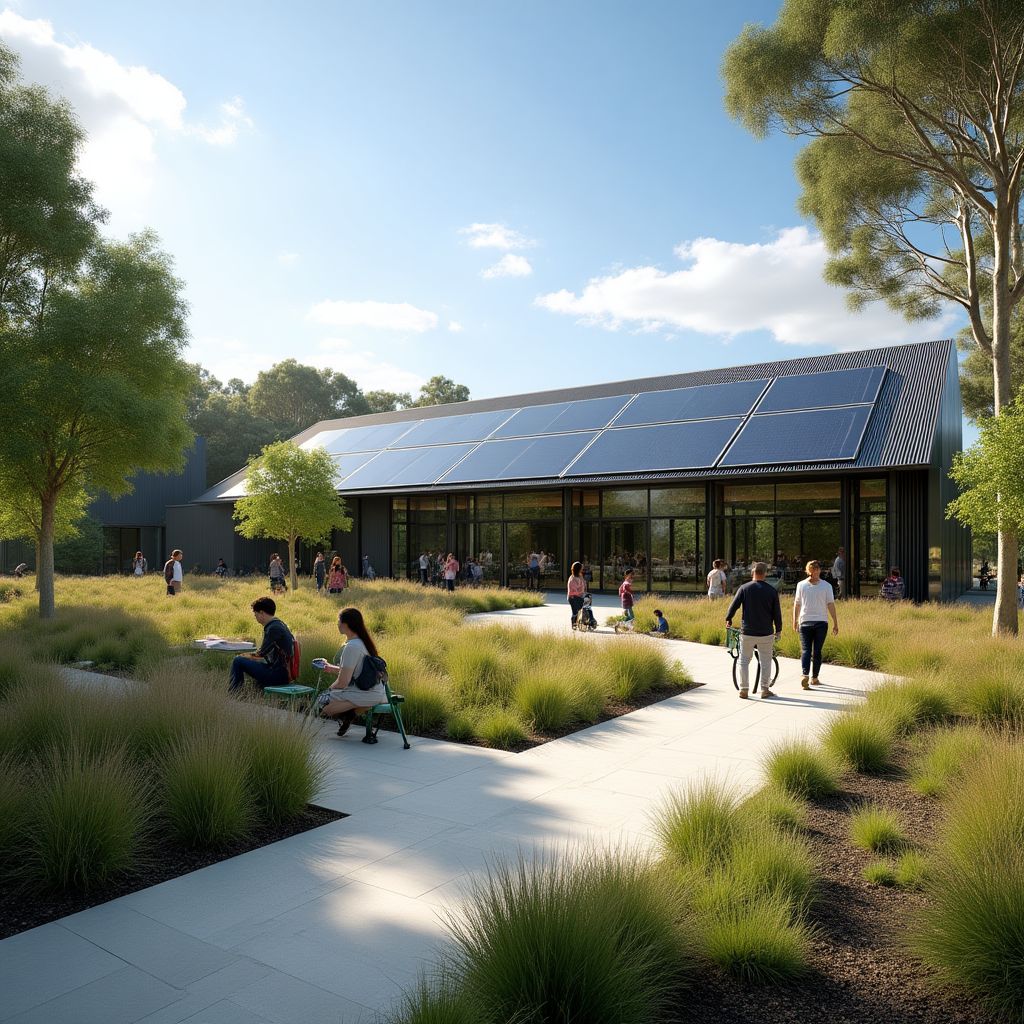 Sustainable university campus with solar panels and green spaces